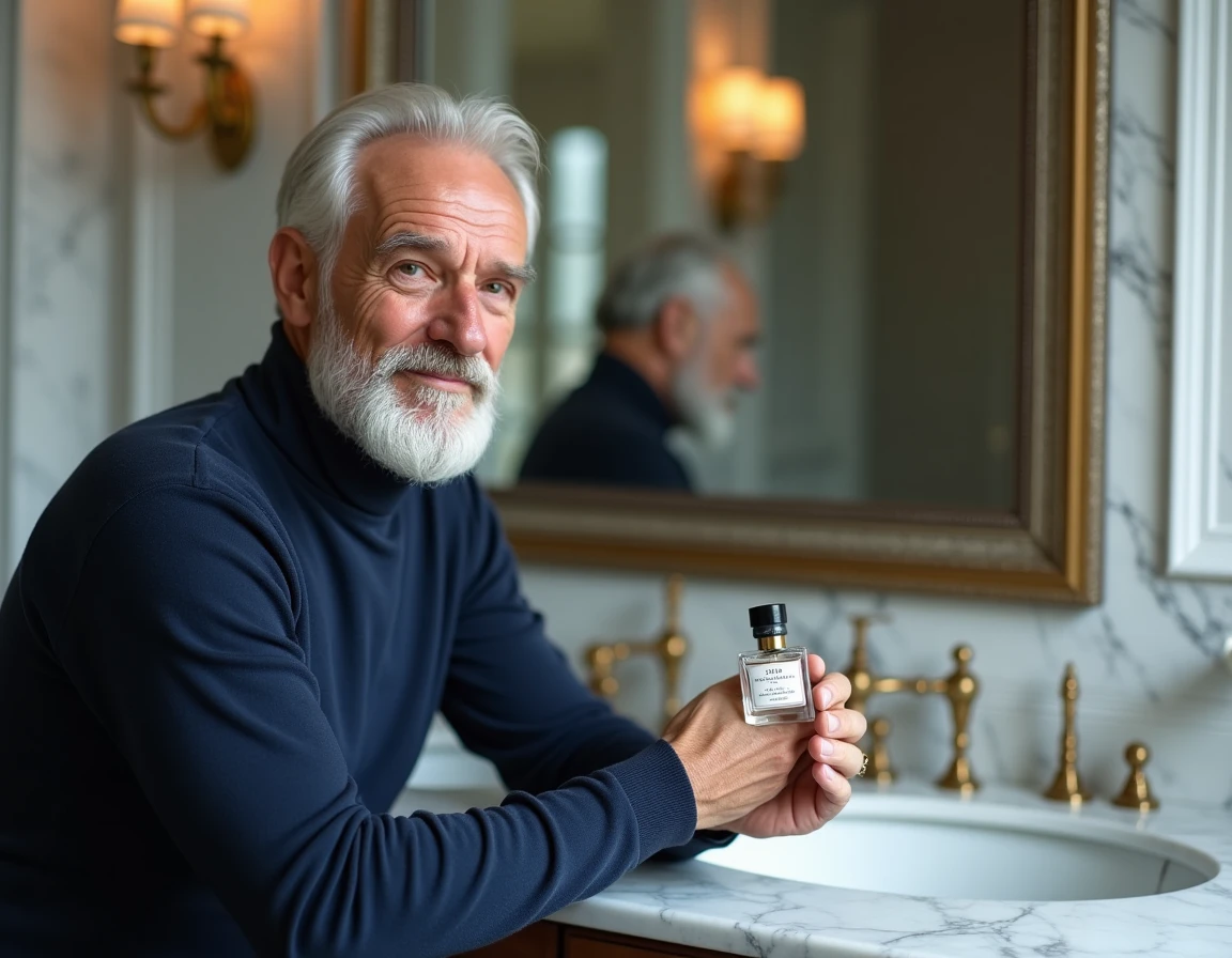 Homme distingué aux cheveux blancs appliquant un parfum sur son poignet dans une salle de bain en marbre
