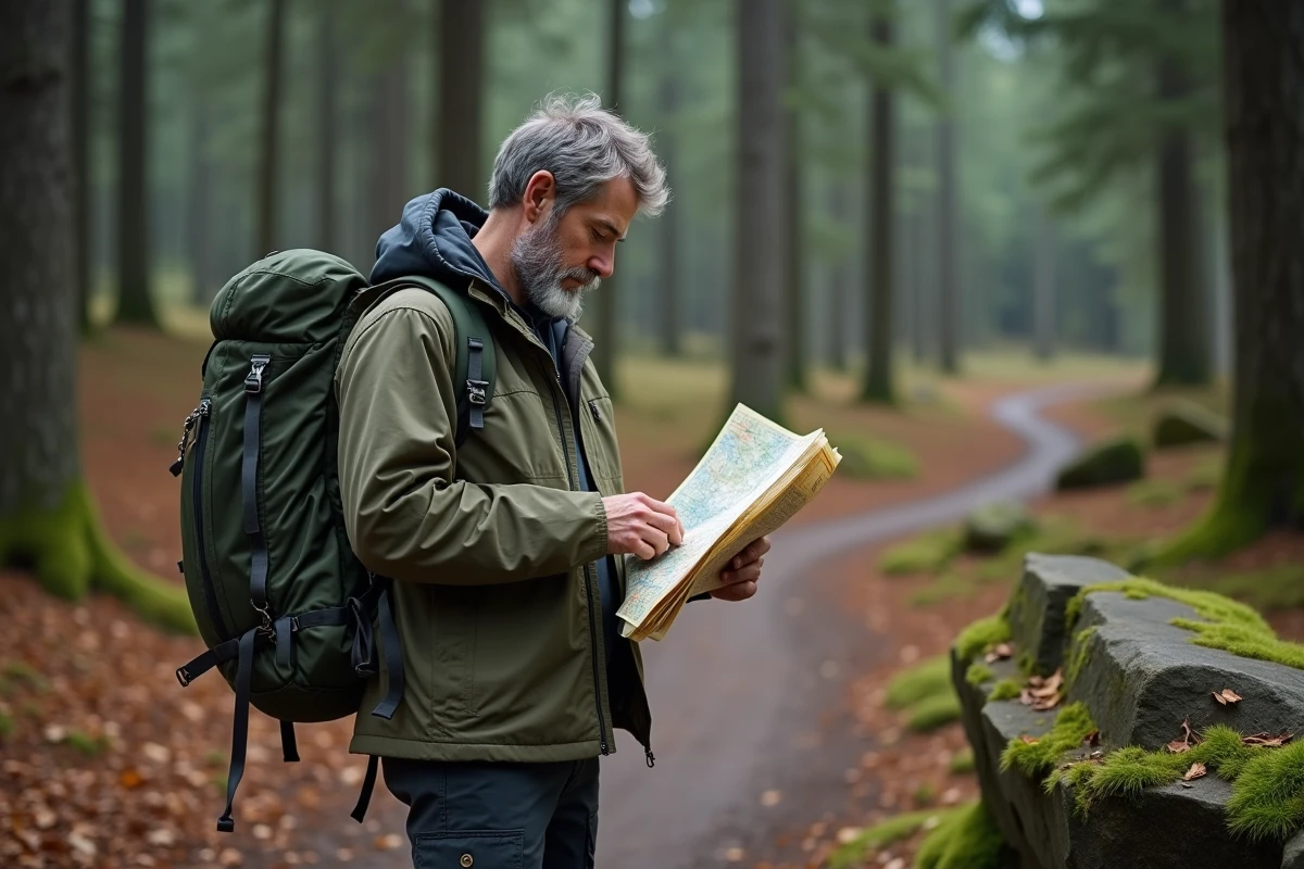 Homme en randonnée consultant une carte topographique sur un sentier forestier entouré d'arbres en automne