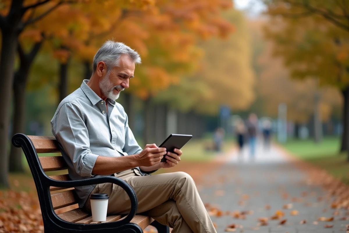 Homme mature consultant une application de planification retraite sur tablette dans un parc en automne