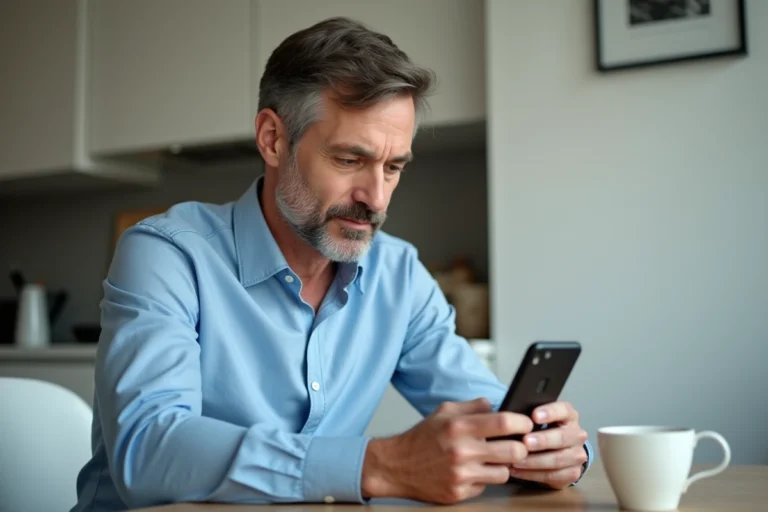Homme d'âge moyen utilisant son smartphone dans une cuisine moderne