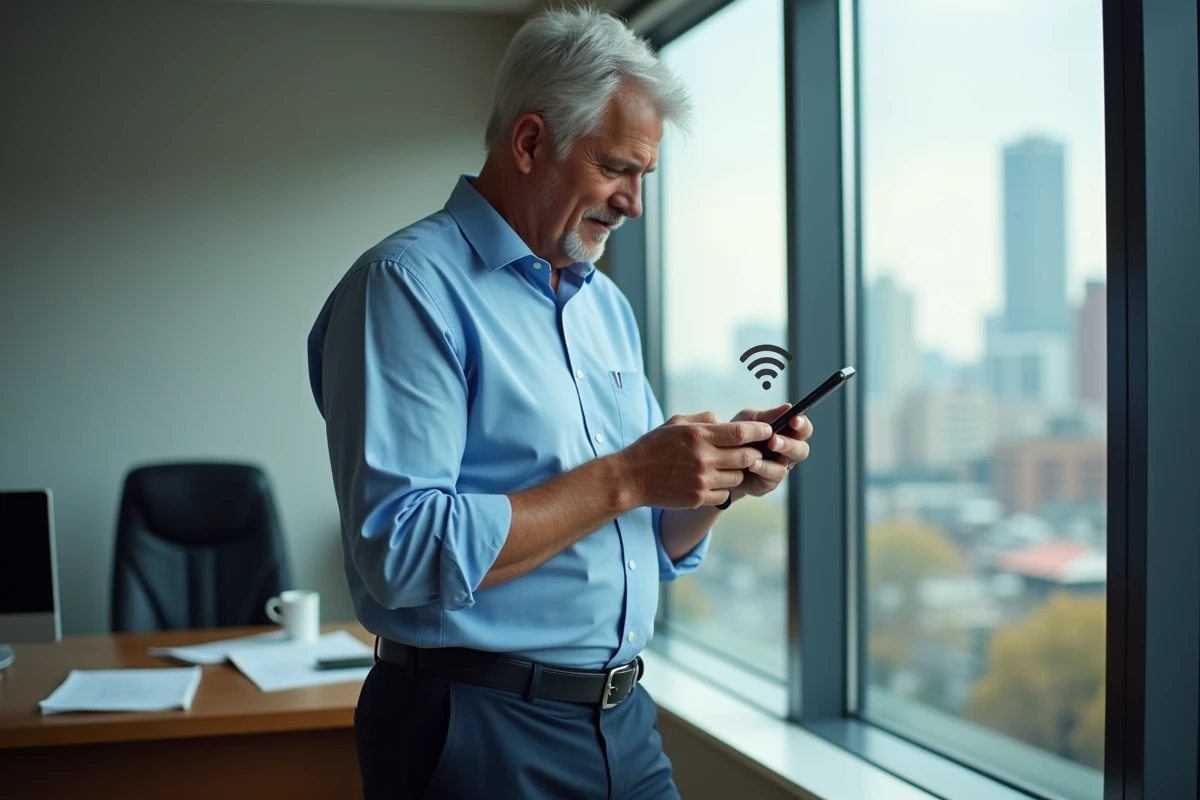 Homme âgé vérifiant le WiFi près d une fenêtre