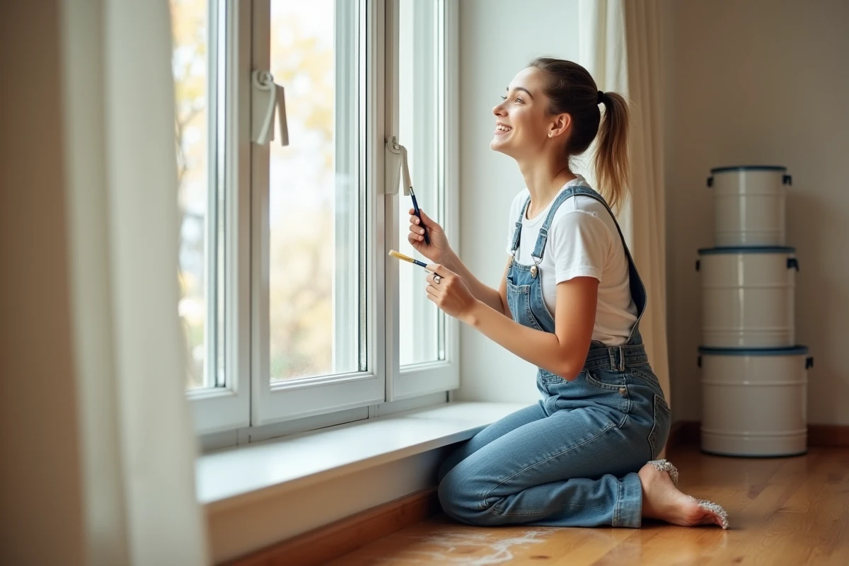 Jeune femme appliquant la peinture sur un cadre de fenêtre
