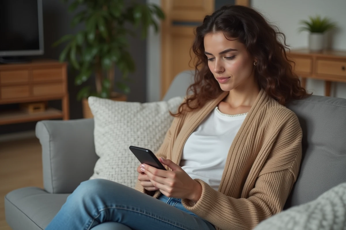 Jeune femme consultant les horaires du service client Cdiscount sur son smartphone dans son salon