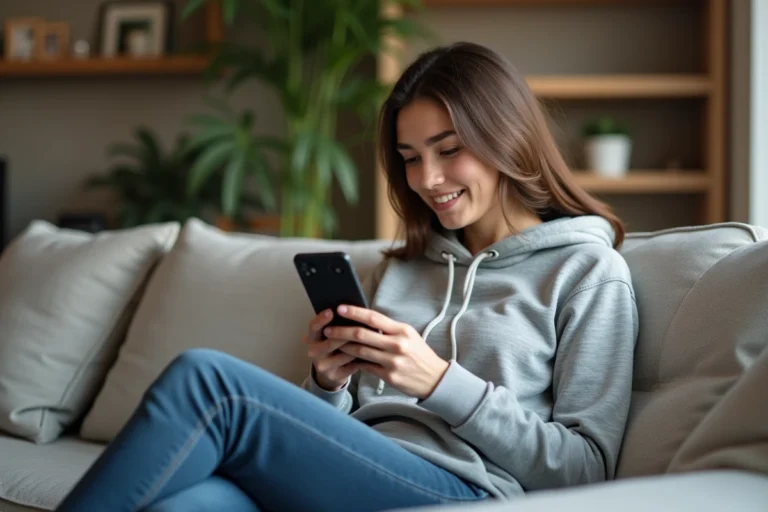 Jeune femme souriante avec smartphone et WiFi
