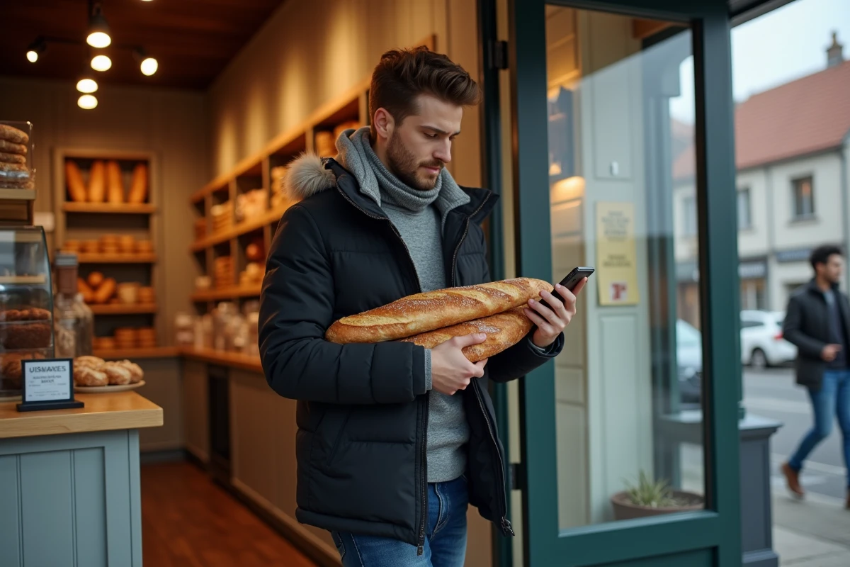 Jeune homme sortant boulangerie avec baguettes