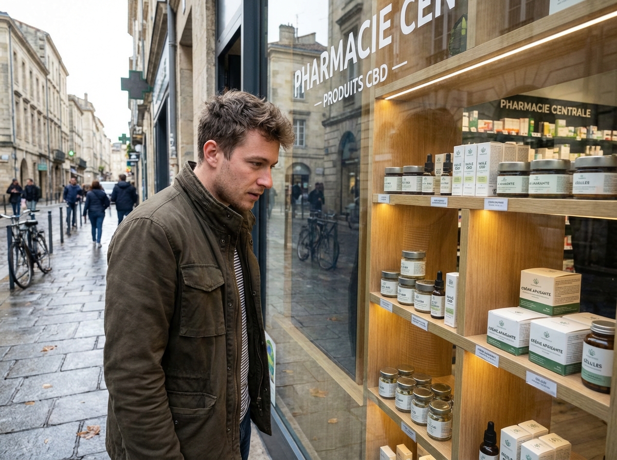 Jeune homme regardant des produits CBD dans une pharmacie urbaine