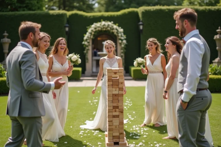 Groupe d'invites de mariage jouant en plein air dans un jardin