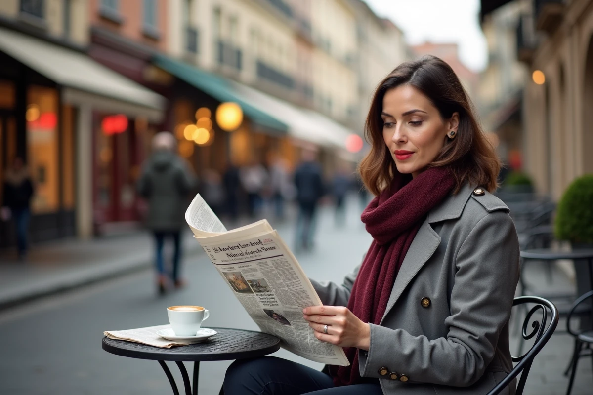 Femme lisant un journal en terrasse de café à Lyon, représentant l'engagement des Français avec l'actualité locale et nationale