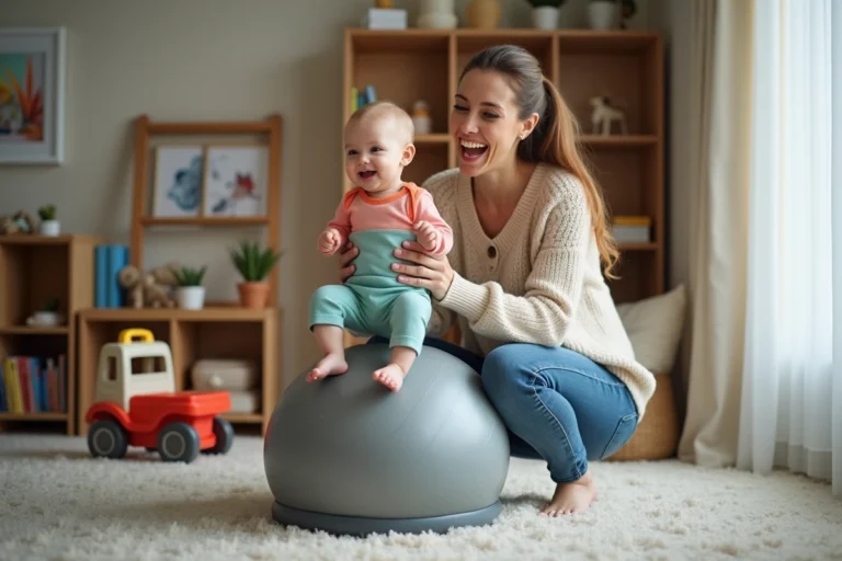 Maman souriante avec son bébé sur ballon dans le salon