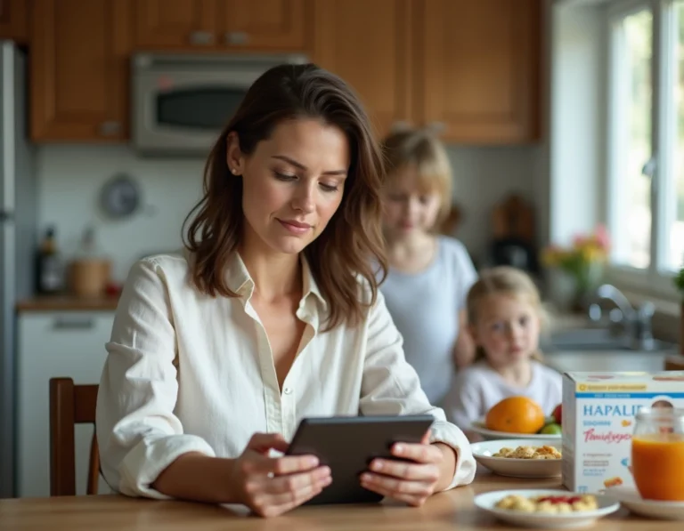 Mère de famille utilisant une tablette pour gérer les tâches quotidiennes grâce à une application numérique dans une cuisine moderne