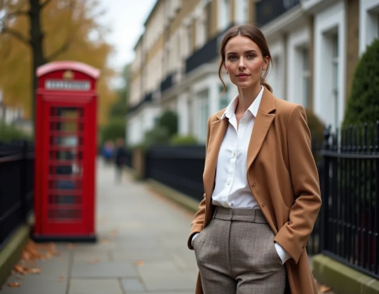 Femme élégante en manteau camel et pantalon prince-de-galles dans une rue londonienne pavée avec cabine téléphonique rouge