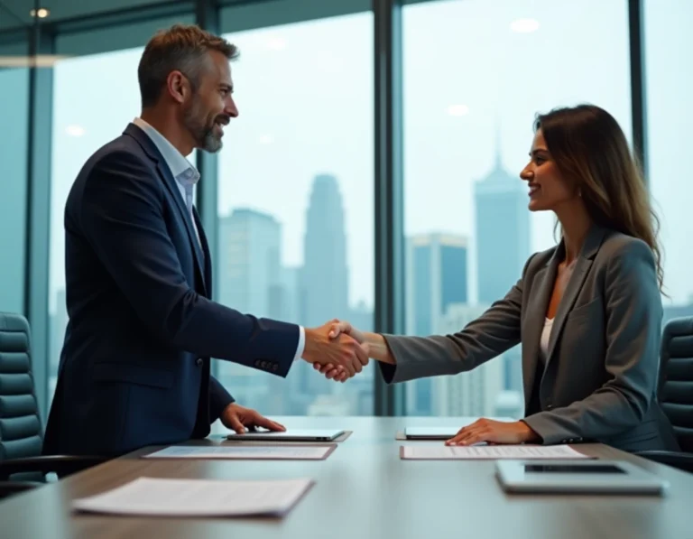 Deux professionnels en costume se serrant la main dans une salle de réunion d'entreprise, illustrant un accord commercial BtoB