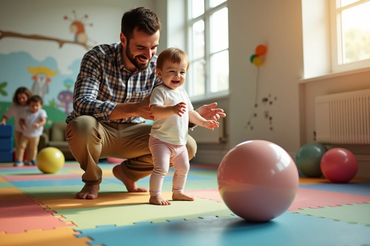 Papa encourageant sa fille sur ballon dans la salle de jeux