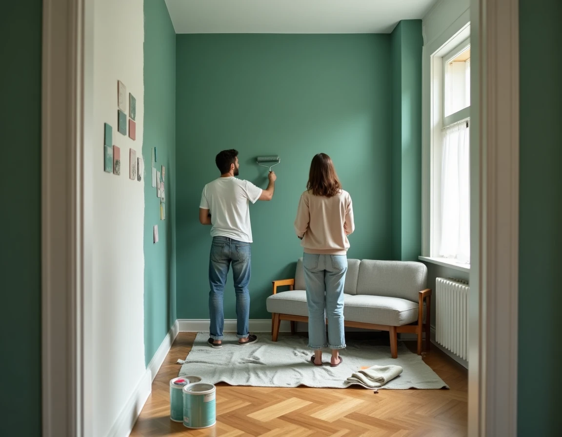 Couple peignant un mur en vert sauge dans un appartement au parquet ancien, entouré de pots de peinture et d'échantillons de couleurs
