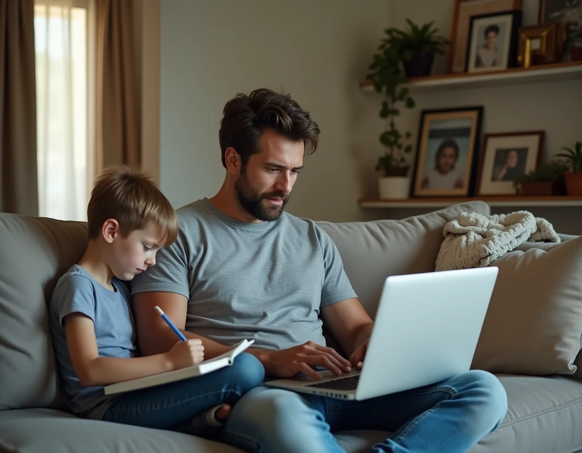 Père de famille gérant les courses et l'agenda familial en ligne depuis le canapé du salon avec son adolescent