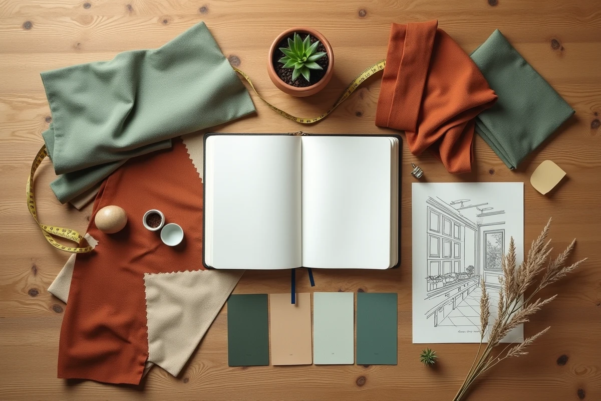 Planche de tendances déco posée sur une table en chêne avec échantillons de tissus, couleurs et croquis d'aménagement intérieur