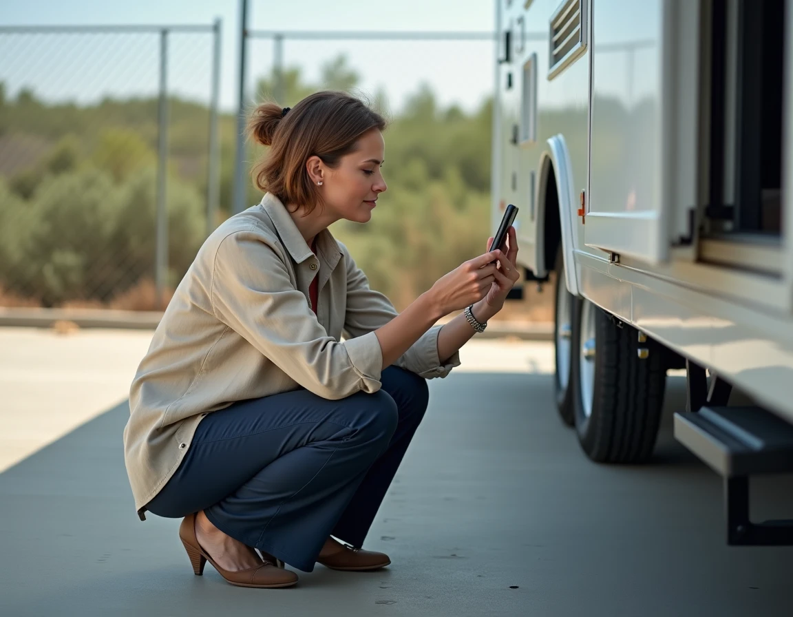 Femme photographiant la plaque d'identification du châssis d'un mobil-home avec son smartphone pour identifier l'année de fabrication