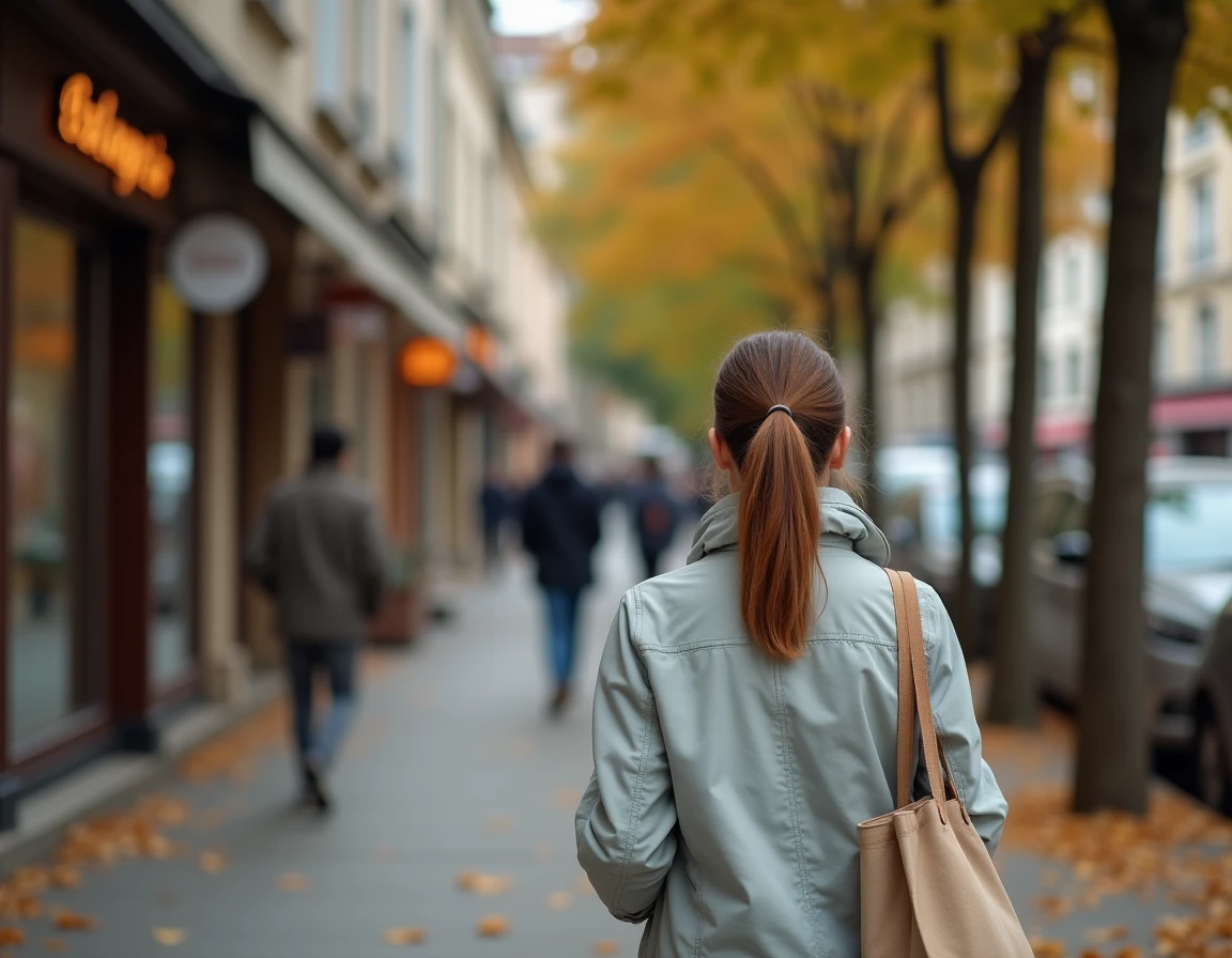 Jeune femme se promenant dans une rue commerçante animée de Bagneux entourée d'arbres et de commerces de proximité