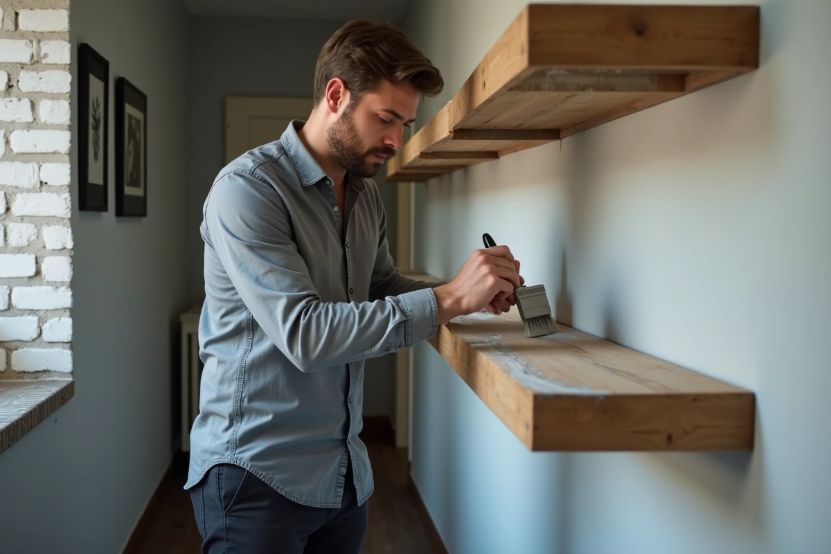 Homme peignant des étagères en bois dans un couloir avec mur en briques apparentes pour une rénovation tendance