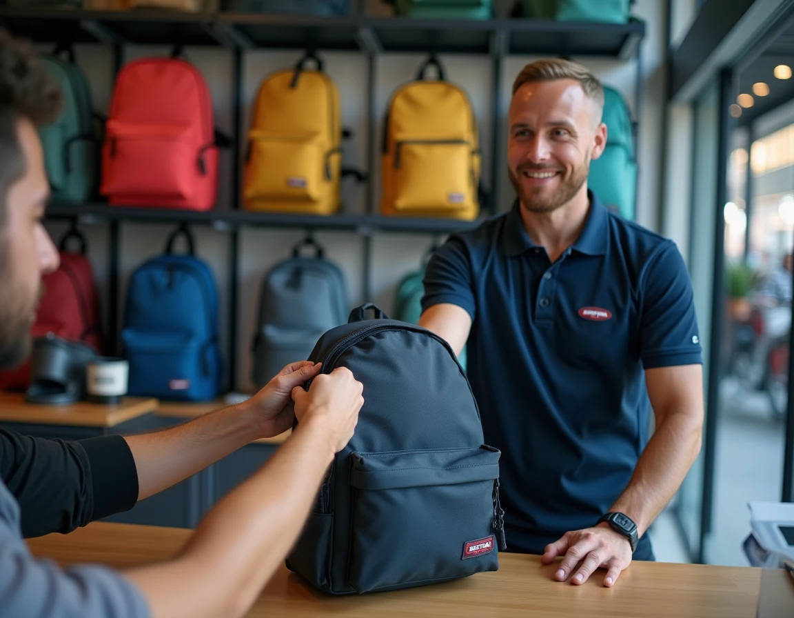 Employé de magasin remettant un sac Eastpak réparé au client dans le cadre du service de garantie