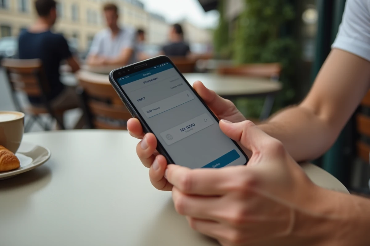 Mains tenant un smartphone affichant un IBAN FR76 dans une application bancaire mobile dans un café parisien