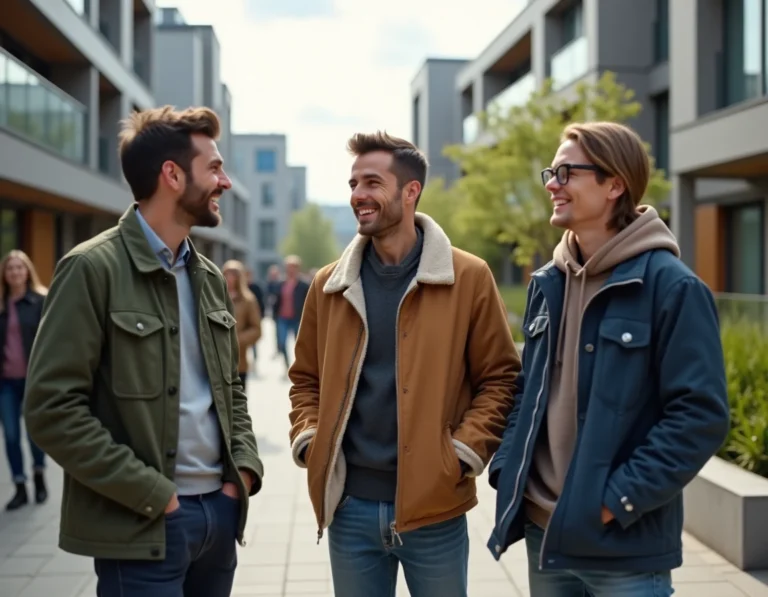 Groupe de résidents souriants discutant dans une place urbaine moderne de Bagneux avec immeubles contemporains en arrière-plan