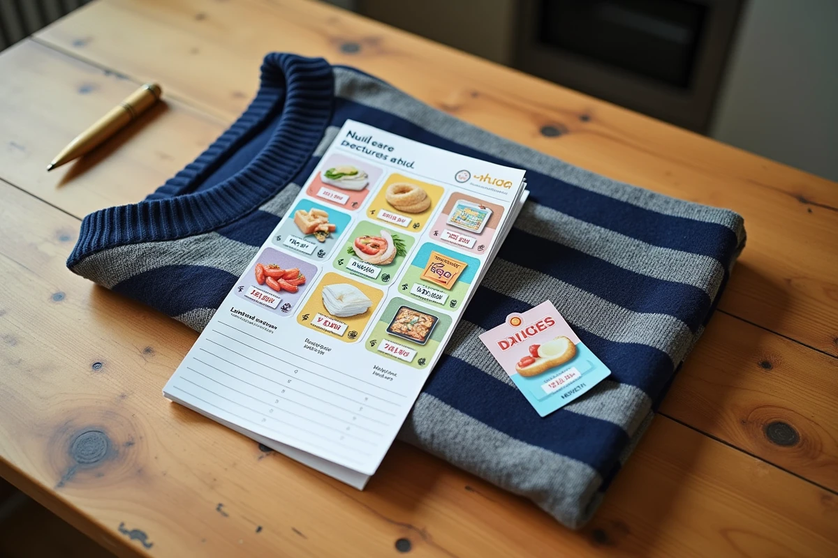 Carnet de vignettes Intermarché, pull Armor Lux et calcul d'économies posés sur une table en bois