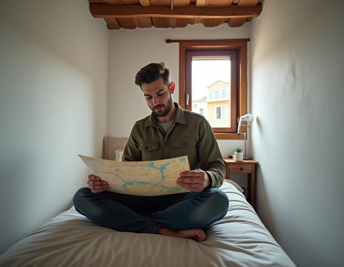 Voyageur solo consultant une carte dans une chambre simple d'un hébergement alternatif et responsable